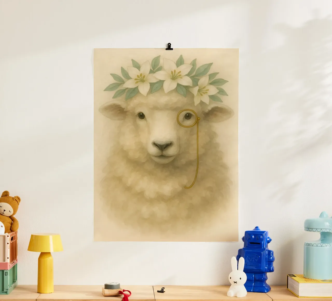 The Gentle Scholar Sheep poster with aluminum frame by Graceful Desine