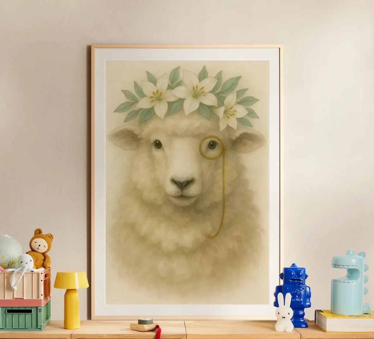 The Gentle Scholar Sheep poster with aluminum frame by Graceful Desine