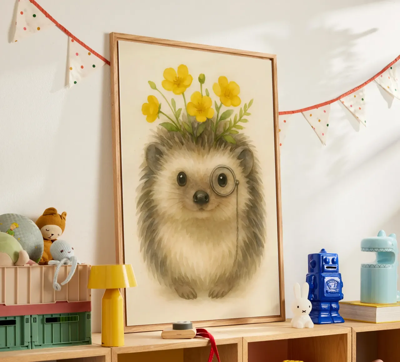 Adorabile riccio con corona di fiori gialli e monocolo - Arte plexiglass da Graceful Desine