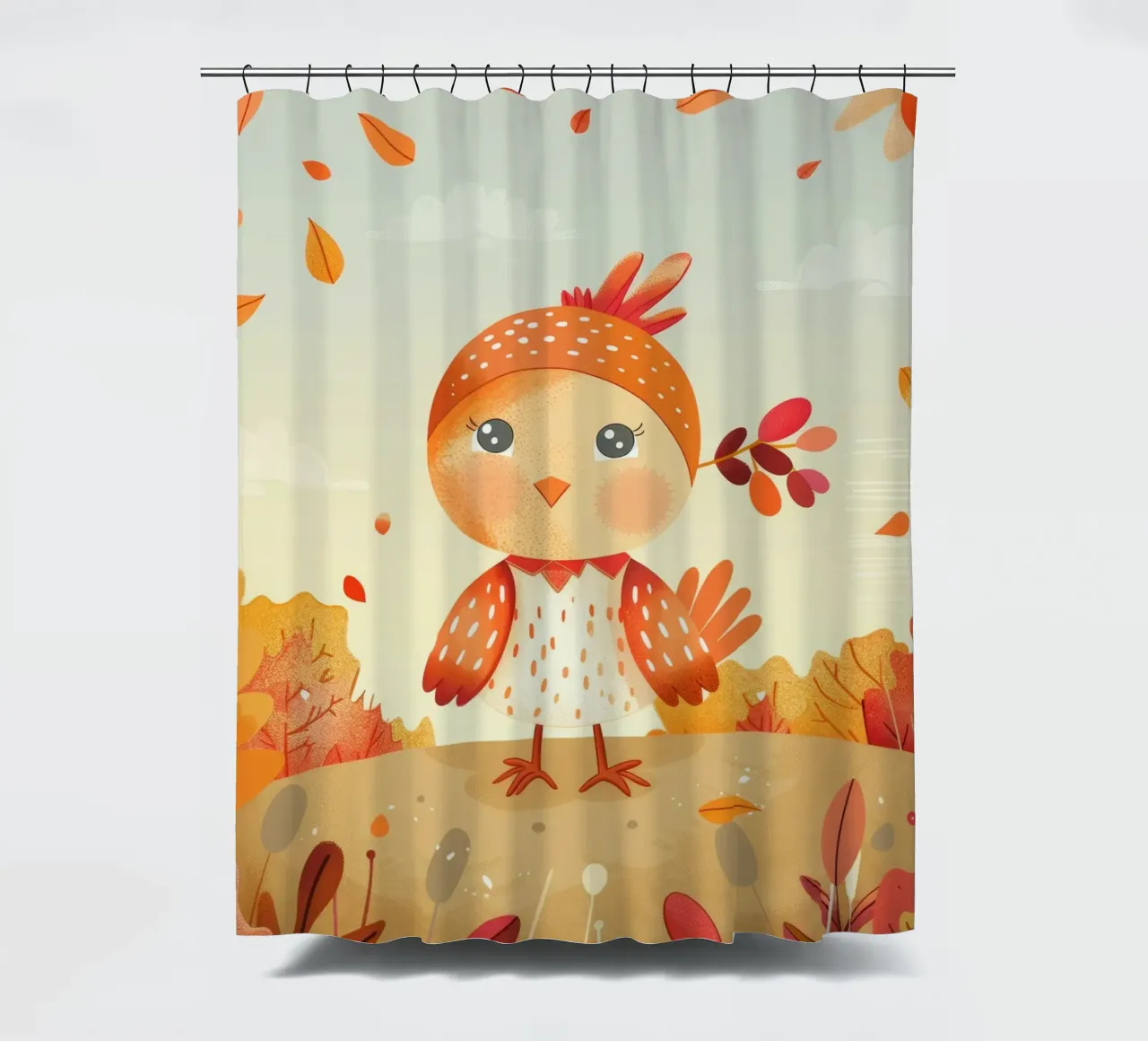 Uccello allegro circondato da foglie cadenti in autunno tenda da doccia da DesignDoodle