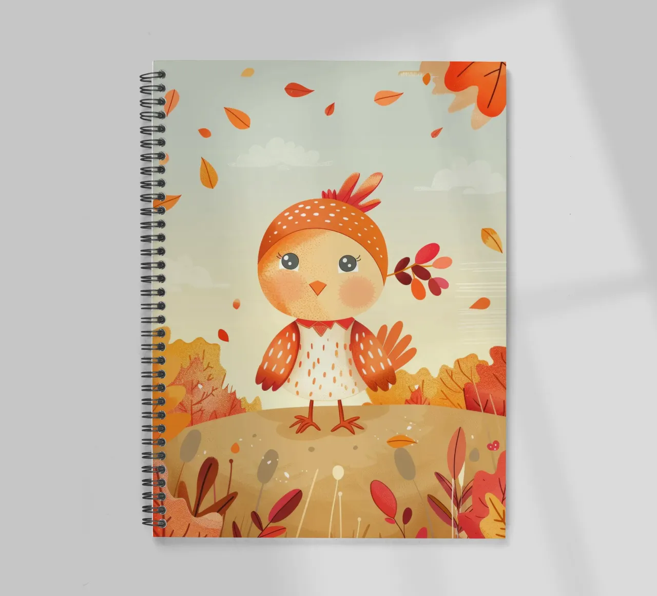 Uccello allegro circondato da foglie cadenti in autunno diario ad anelli da DesignDoodle