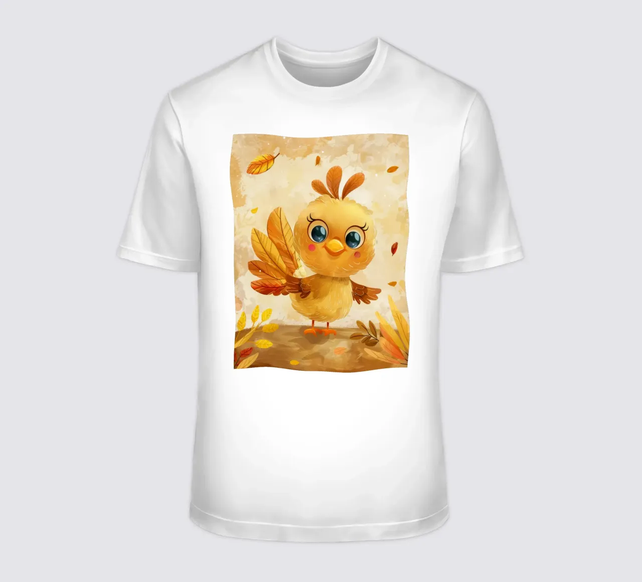 Uccello carino dei cartoni animati con foglie autunnali in una foresta stravagante t-shirt da DesignDoodle