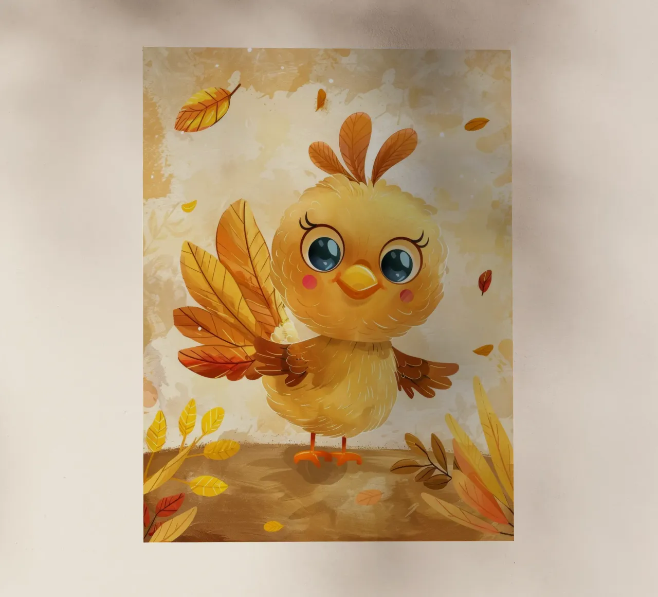 Uccello carino dei cartoni animati con foglie autunnali in una foresta stravagante pellicola backlit da DesignDoodle