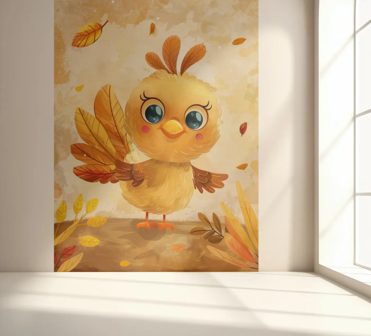 Lindo pájaro de dibujos animados con hojas de otoño en un bosque caprichoso papel para pared de DesignDoodle