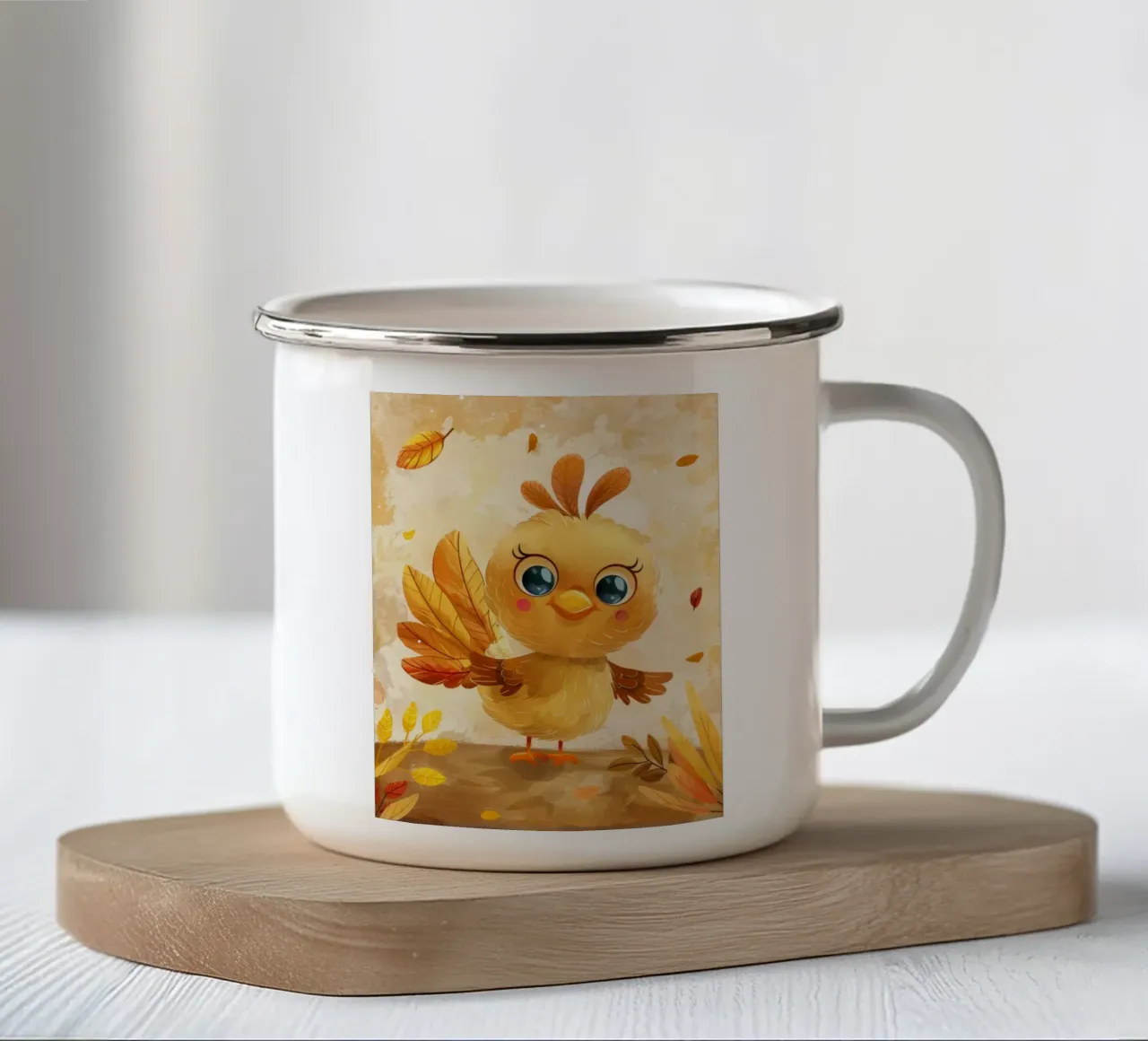 Uccello carino dei cartoni animati con foglie autunnali in una foresta stravagante tazza in smalto da DesignDoodle