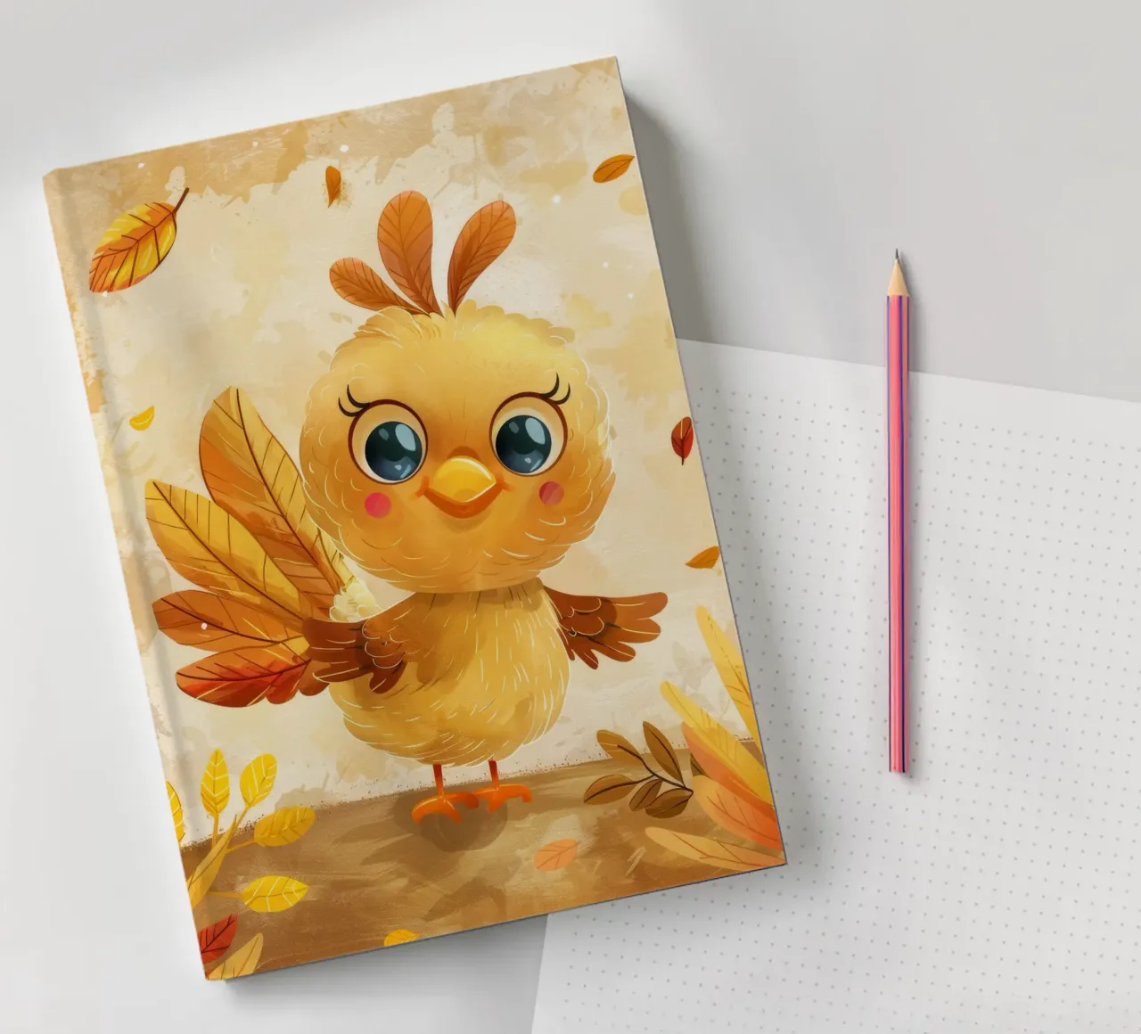 Cute cartoon bird with autumn leaves in a whimsical forest notebook by DesignDoodle
