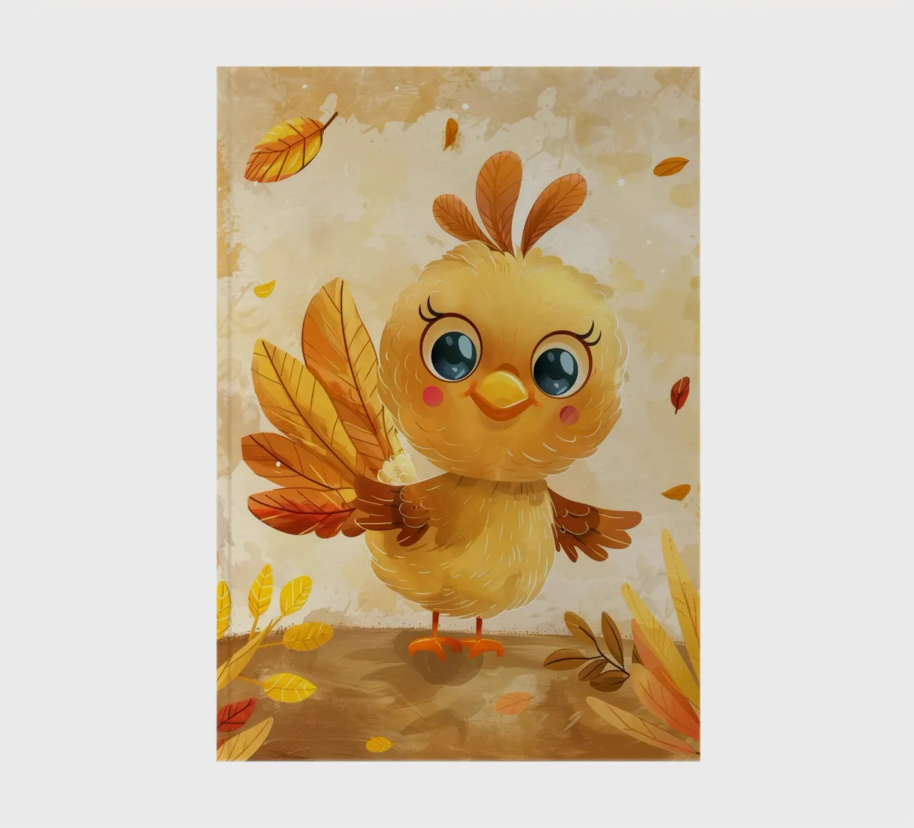 Cute cartoon bird with autumn leaves in a whimsical forest notebook by DesignDoodle