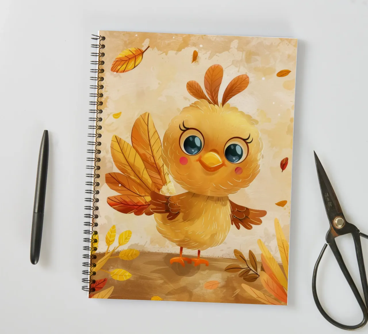 Cute cartoon bird with autumn leaves in a whimsical forest spiral notebook by DesignDoodle