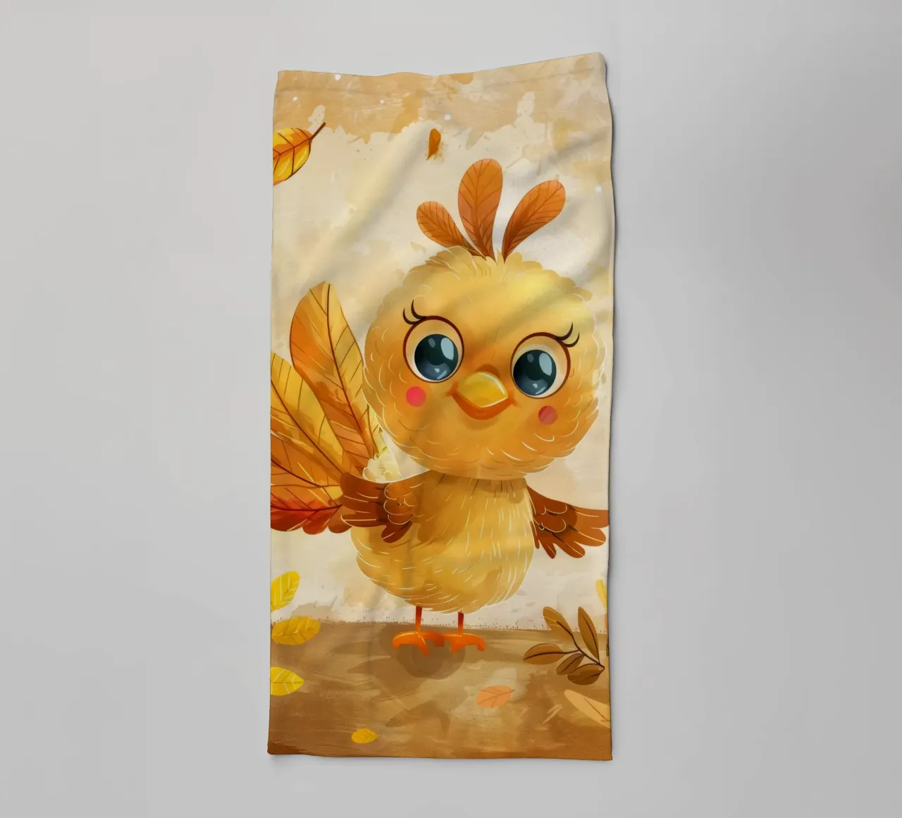 Uccello carino dei cartoni animati con foglie autunnali in una foresta stravagante asciugamano da bagno da DesignDoodle