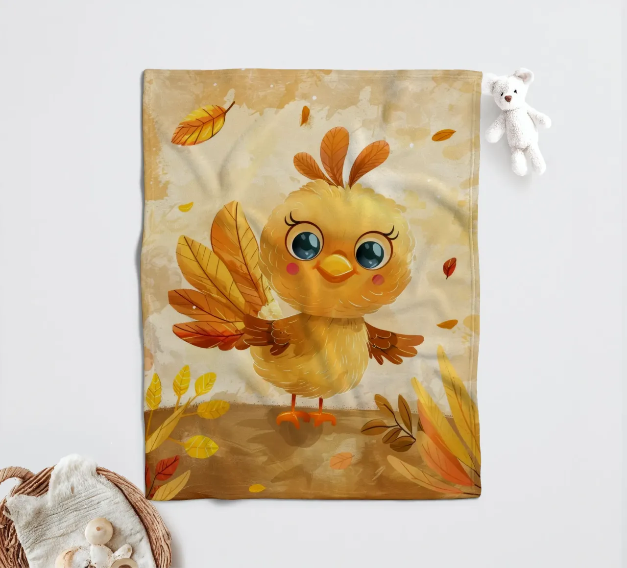 Uccello carino dei cartoni animati con foglie autunnali in una foresta stravagante coperta in pile da DesignDoodle