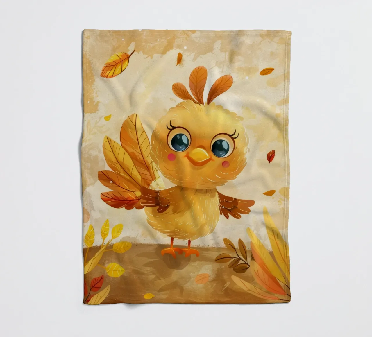 Uccello carino dei cartoni animati con foglie autunnali in una foresta stravagante coperta in pile da DesignDoodle