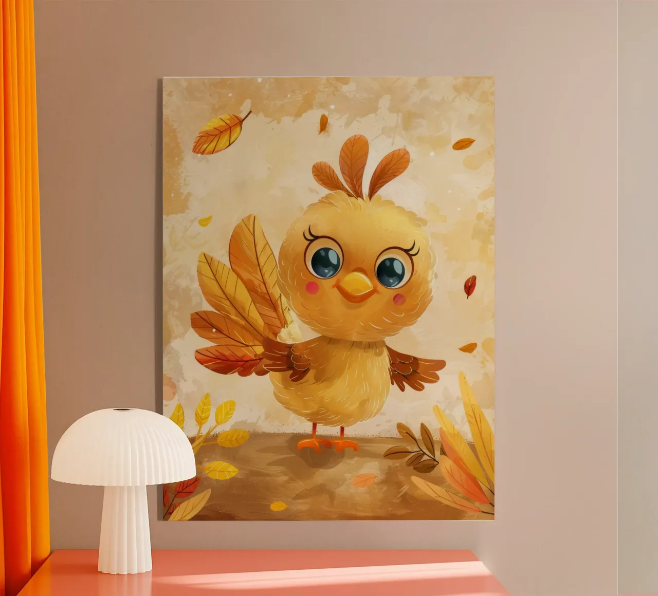 Lindo pájaro de dibujos animados con hojas de otoño en un bosque caprichoso metacrilato de DesignDoodle