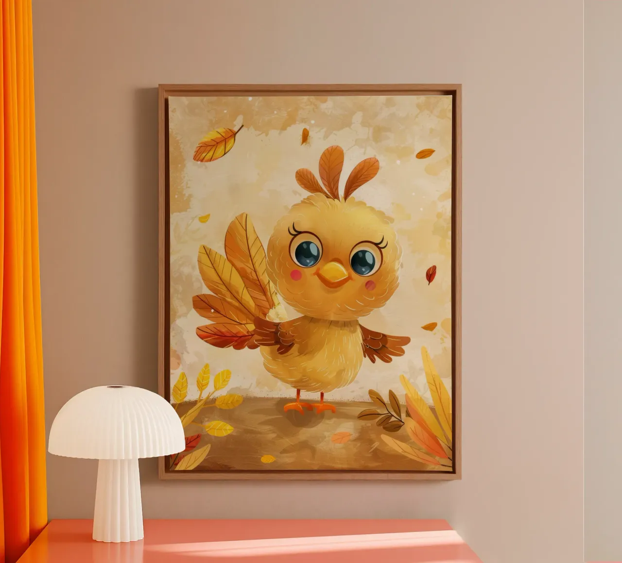 Cute cartoon bird with autumn leaves in a whimsical forest canvas by DesignDoodle