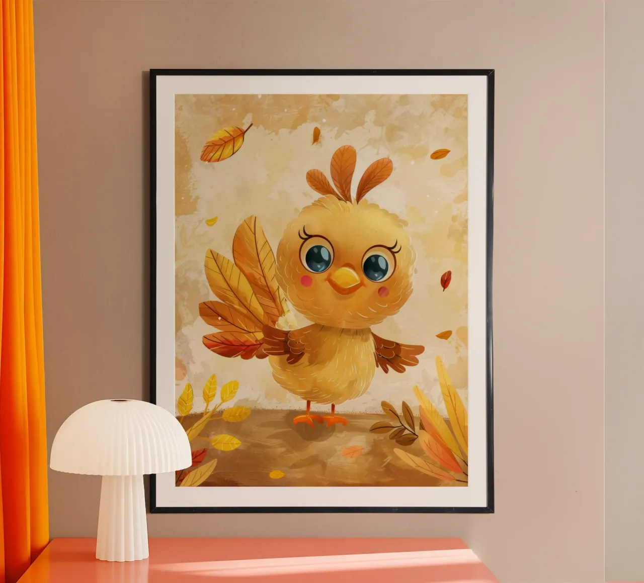 Mignon oiseau de dessin animé avec des feuilles d'automne dans une forêt fantaisiste poster de DesignDoodle