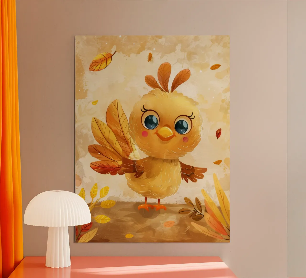 Mignon oiseau de dessin animé avec des feuilles d'automne dans une forêt fantaisiste poster de DesignDoodle