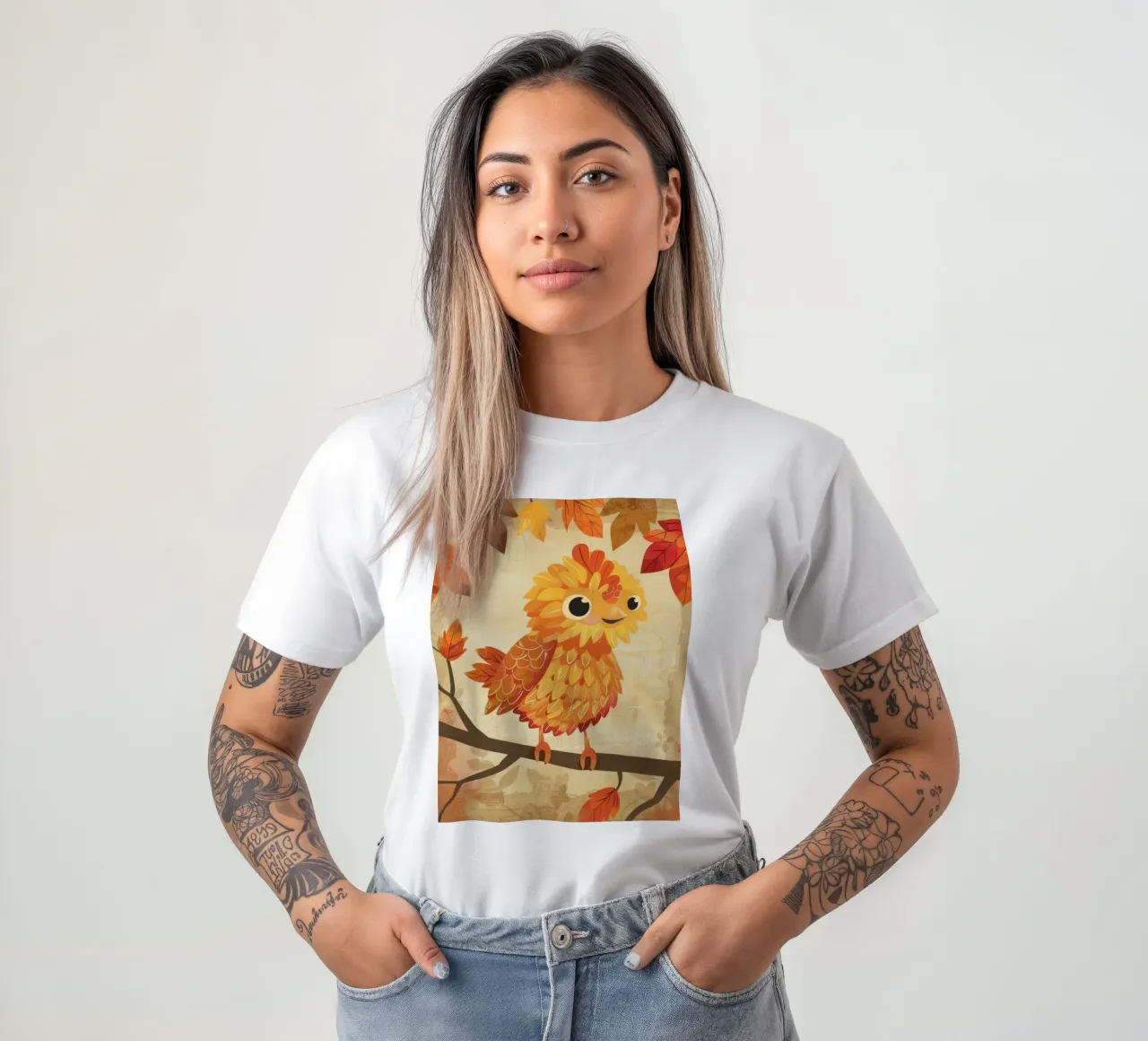 Charming bird perched on a branch with autumn leaves t-shirt by DesignDoodle
