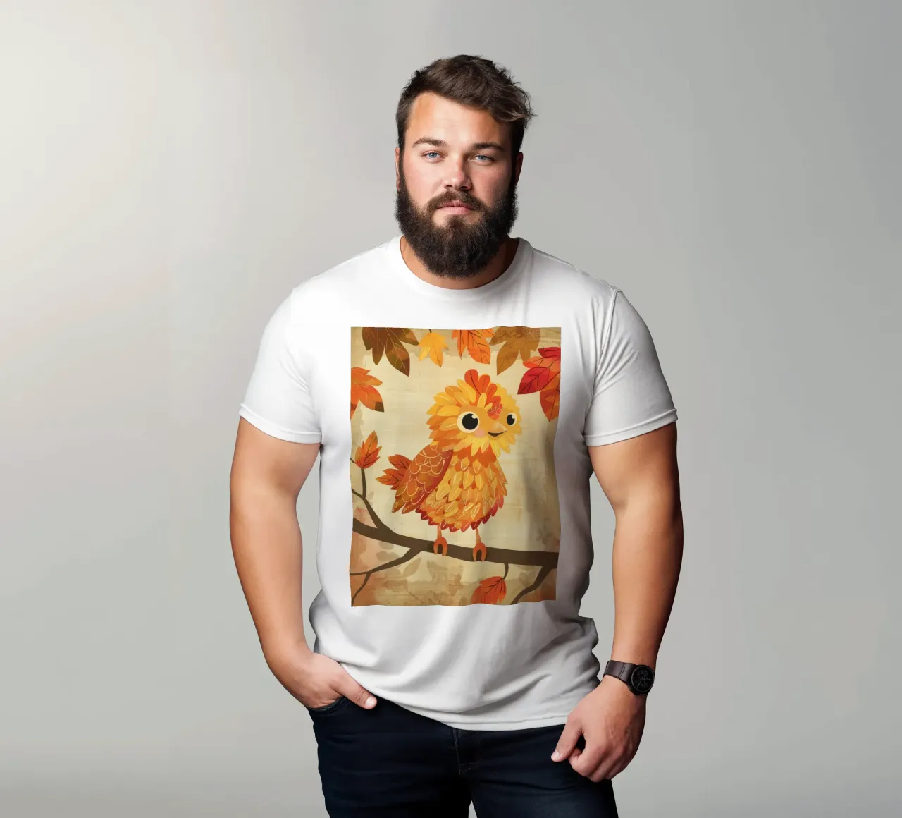 Charming bird perched on a branch with autumn leaves t-shirt by DesignDoodle