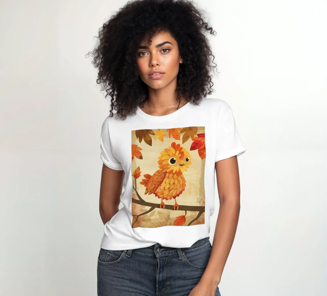 Charming bird perched on a branch with autumn leaves women's fitted t-shirt by DesignDoodle