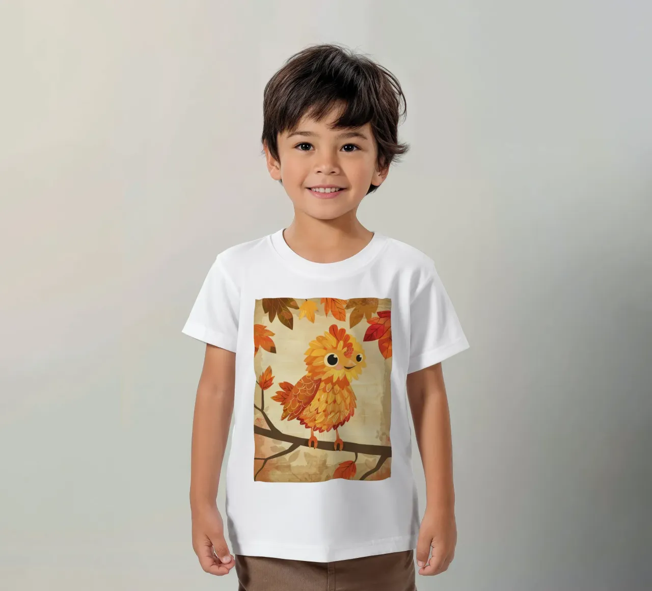 Charmanter Vogel auf einem Zweig mit Herbstlaub sitzend Kinder T-Shirt von DesignDoodle