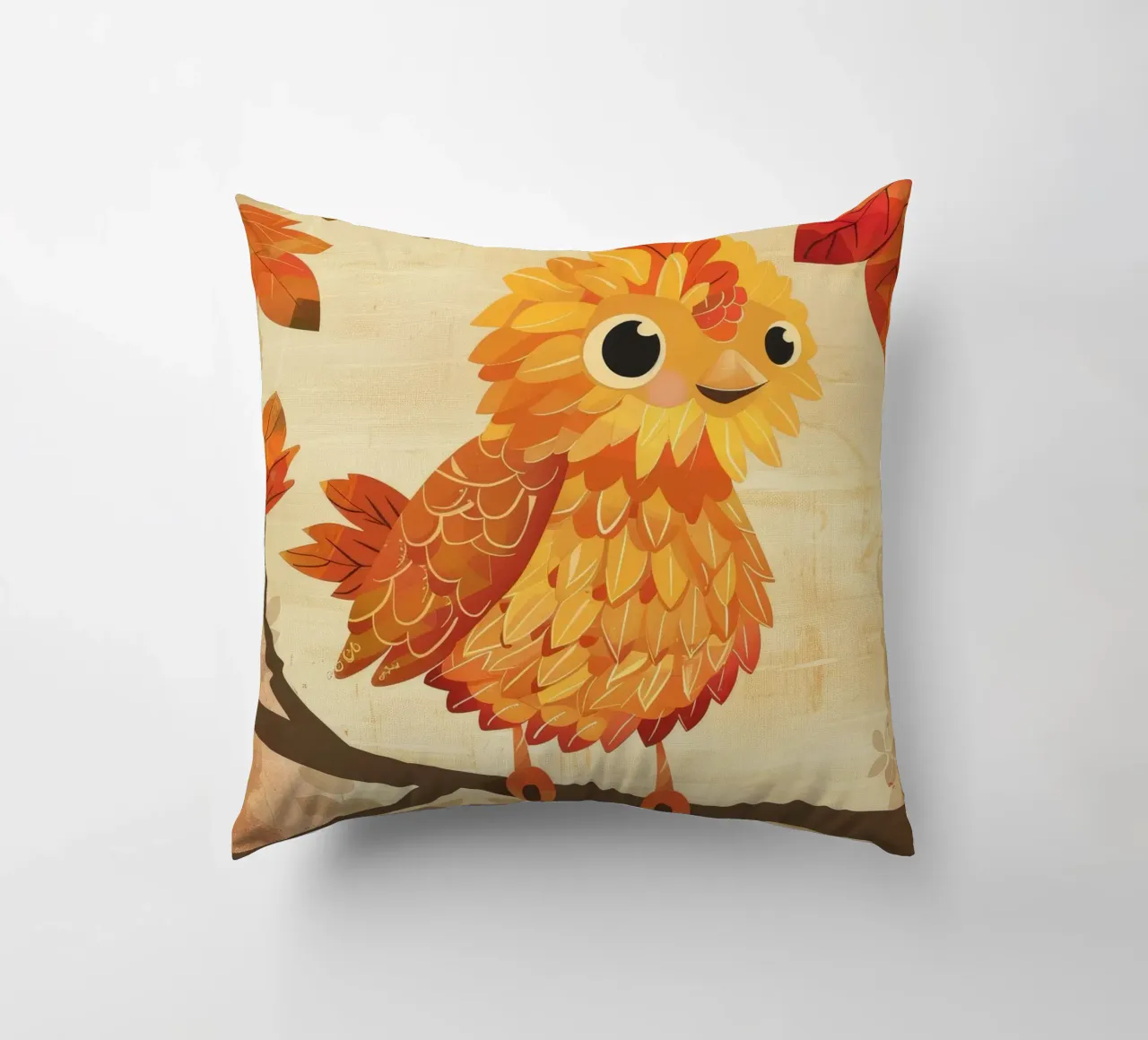 Grazioso uccello appollaiato su un ramo con foglie autunnali cuscino da DesignDoodle