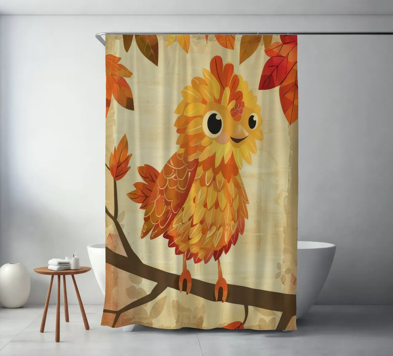 Charmanter Vogel auf einem Zweig mit Herbstlaub sitzend Duschvorhang von DesignDoodle