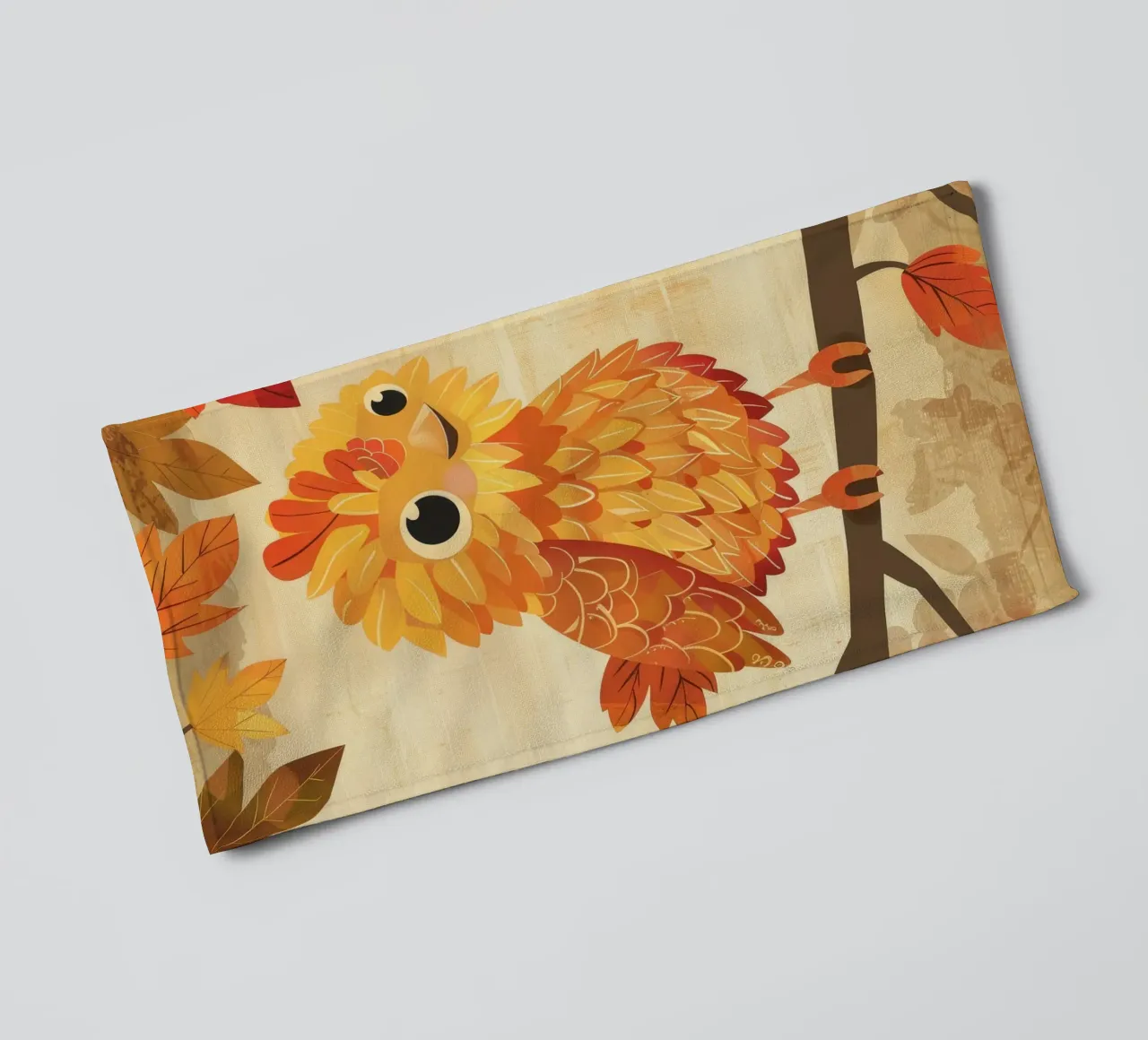 Charming bird perched on a branch with autumn leaves towel by DesignDoodle