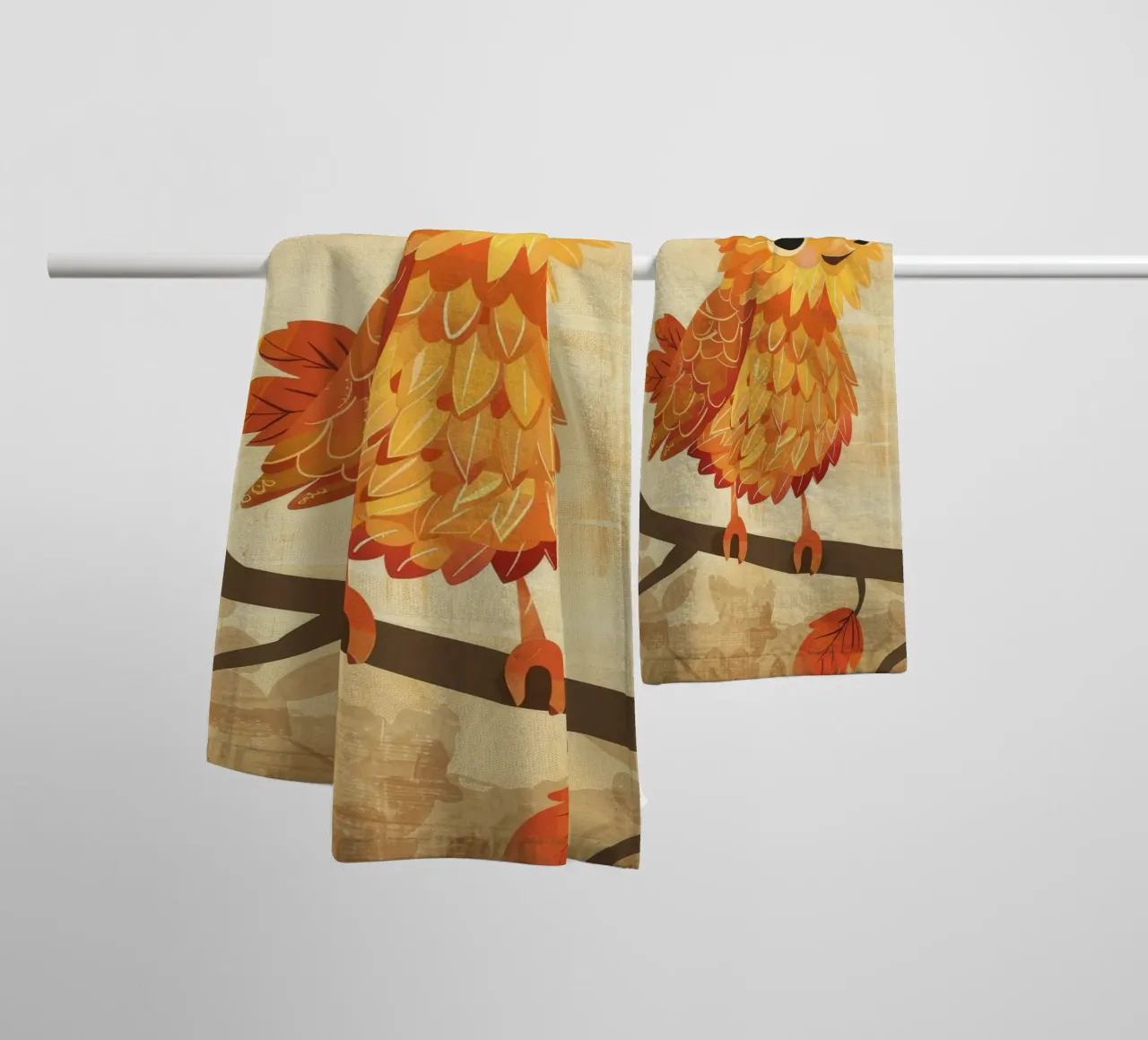 Charming bird perched on a branch with autumn leaves towel by DesignDoodle