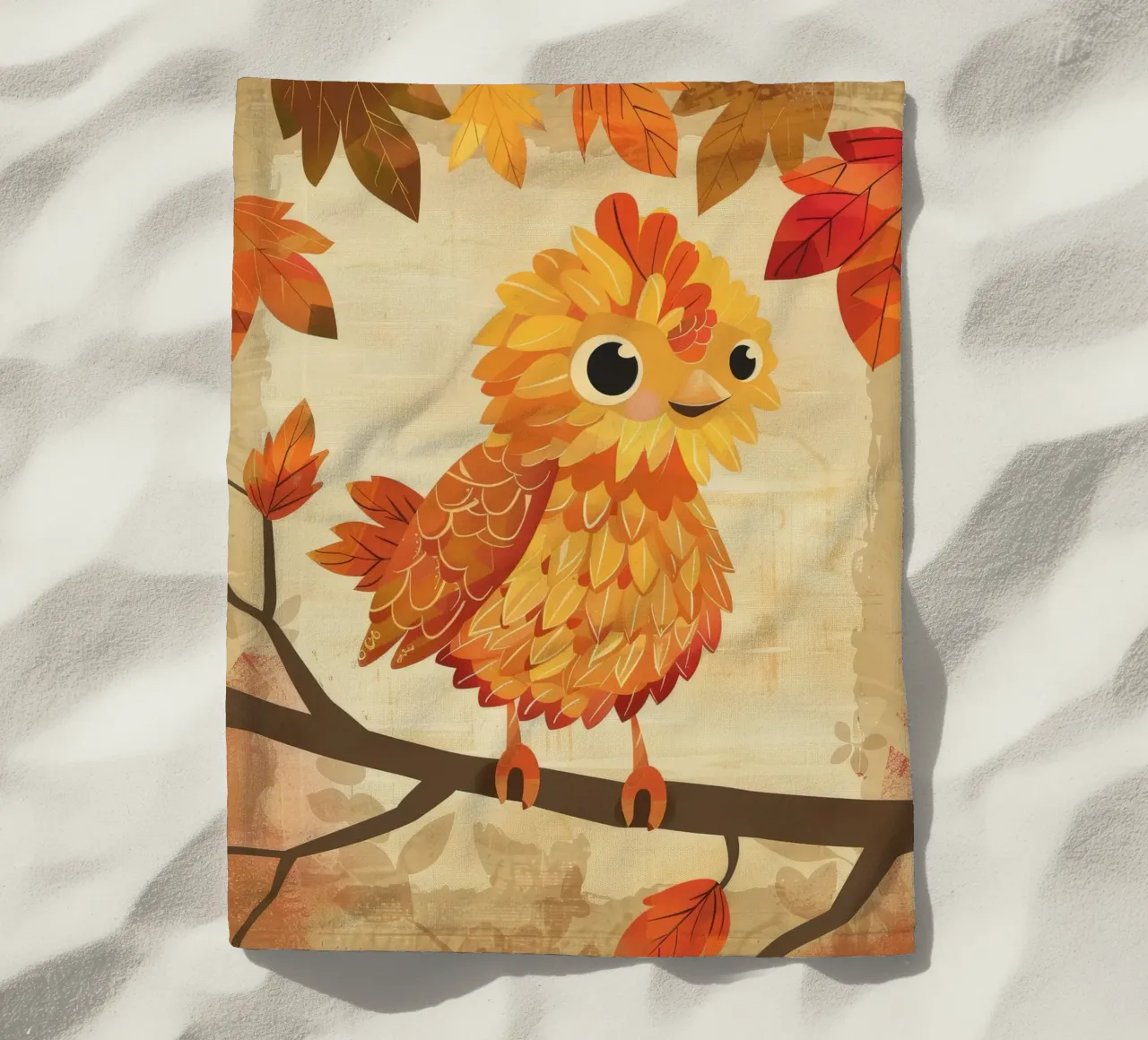 Charming bird perched on a branch with autumn leaves beach towel by DesignDoodle