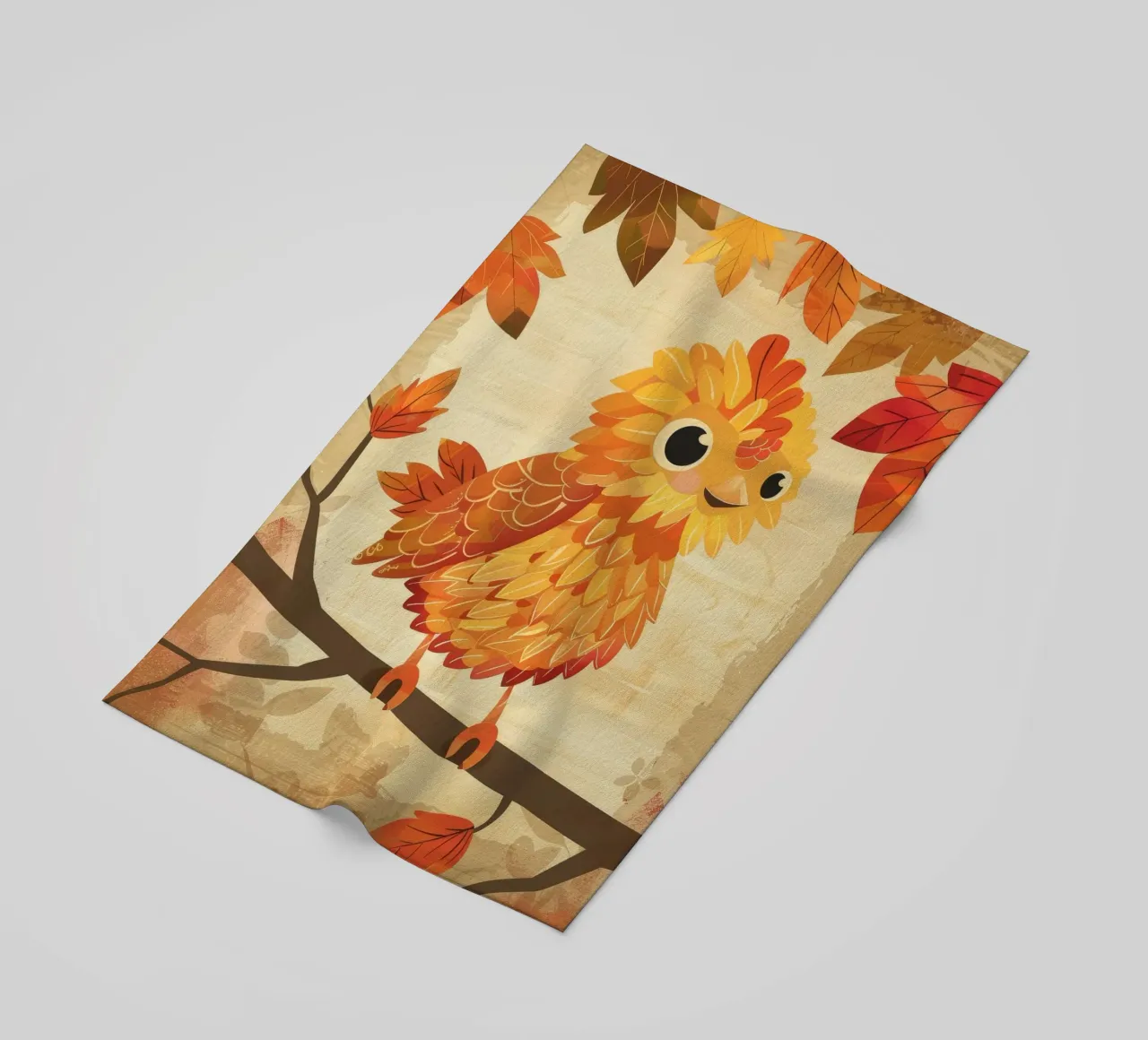 Charming bird perched on a branch with autumn leaves beach towel by DesignDoodle