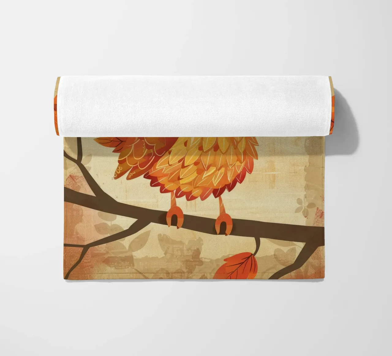 Charming bird perched on a branch with autumn leaves beach towel by DesignDoodle