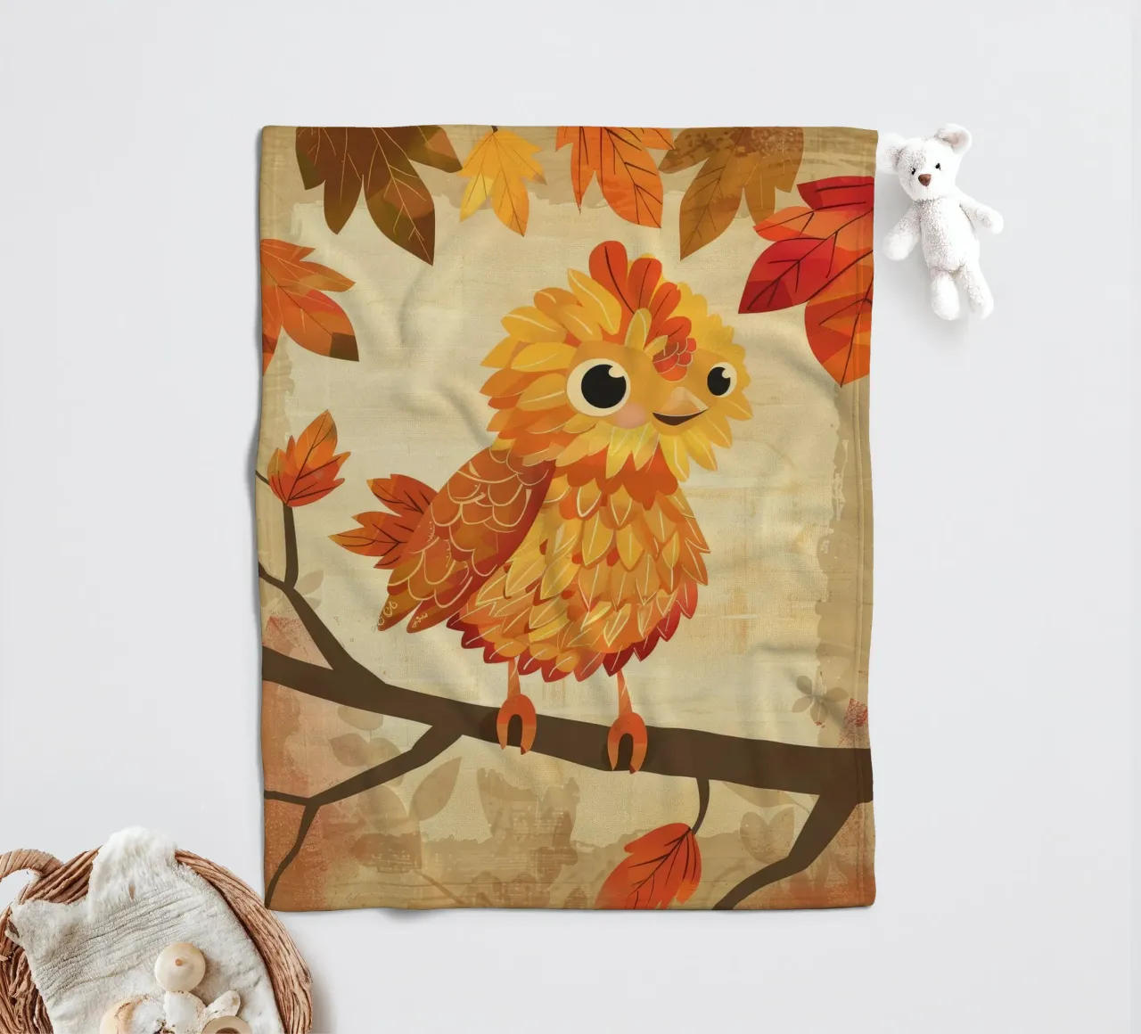 Charming bird perched on a branch with autumn leaves fleece blanket by DesignDoodle