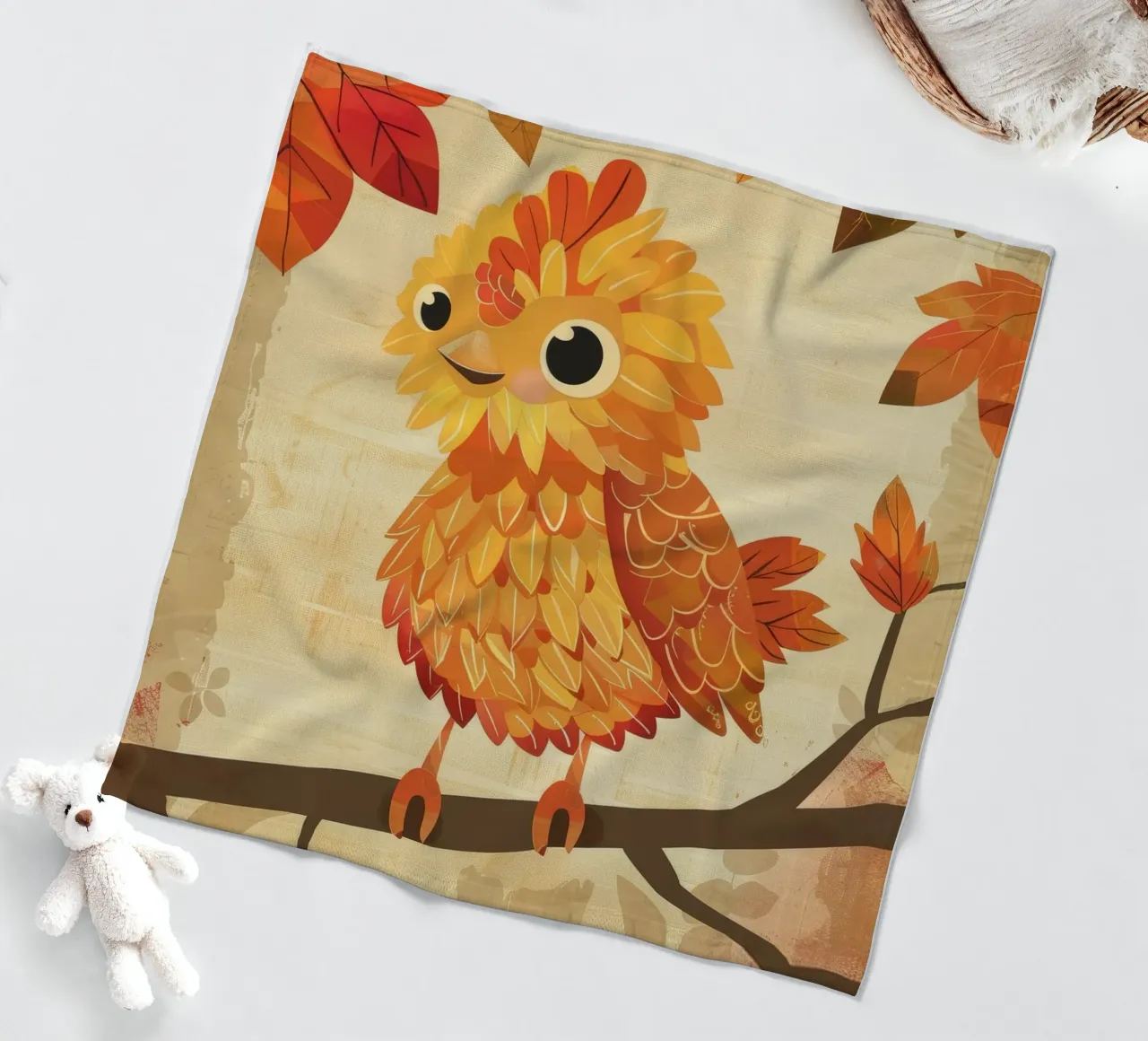 Charming bird perched on a branch with autumn leaves fleece blanket by DesignDoodle