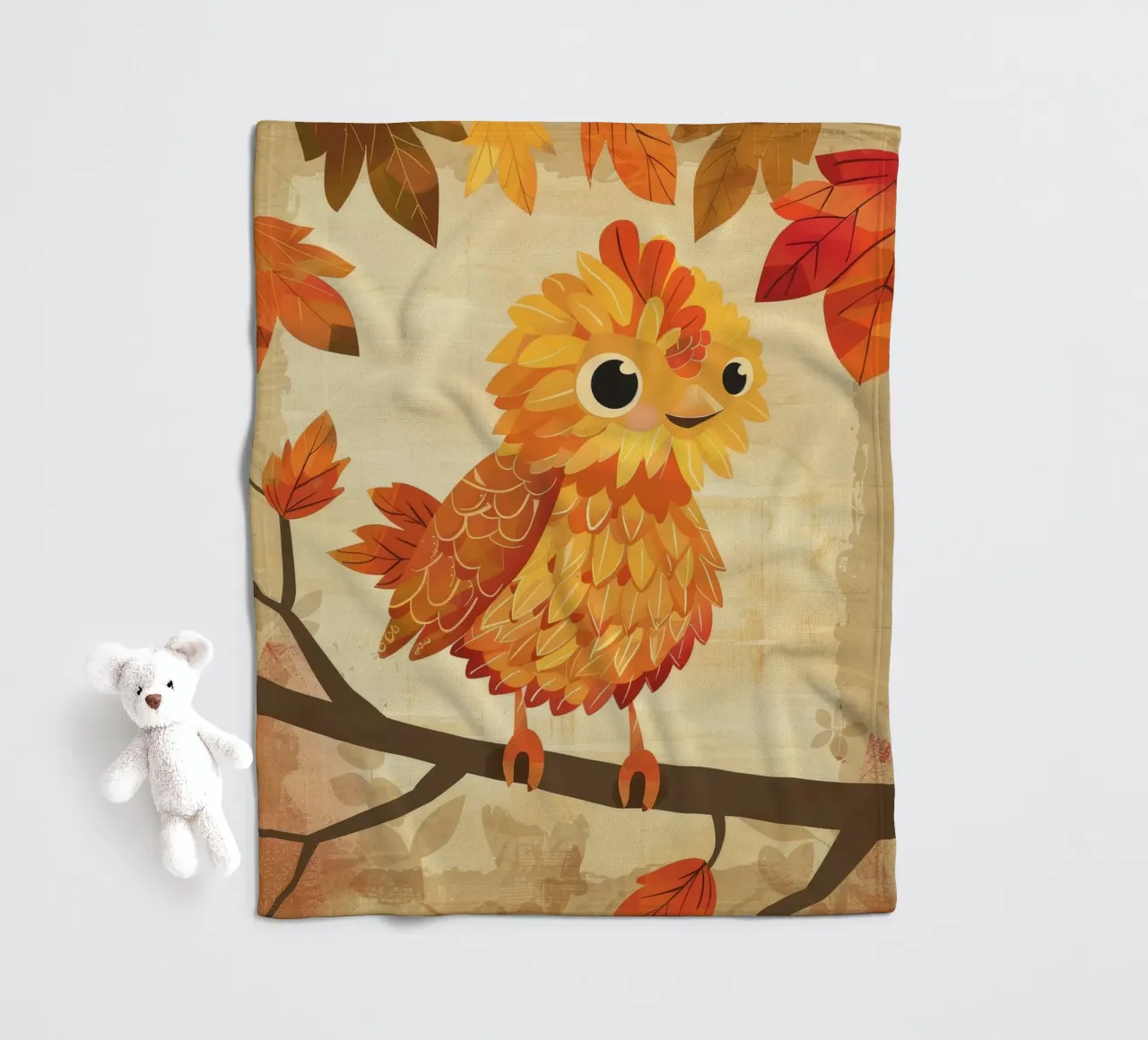 Charming bird perched on a branch with autumn leaves fleece blanket by DesignDoodle