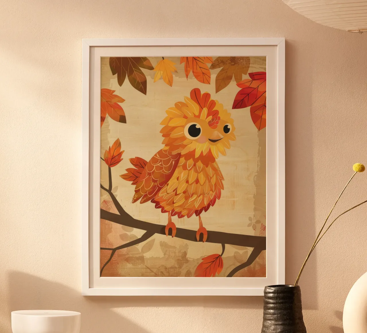 Charming bird perched on a branch with autumn leaves hahnemühle by DesignDoodle
