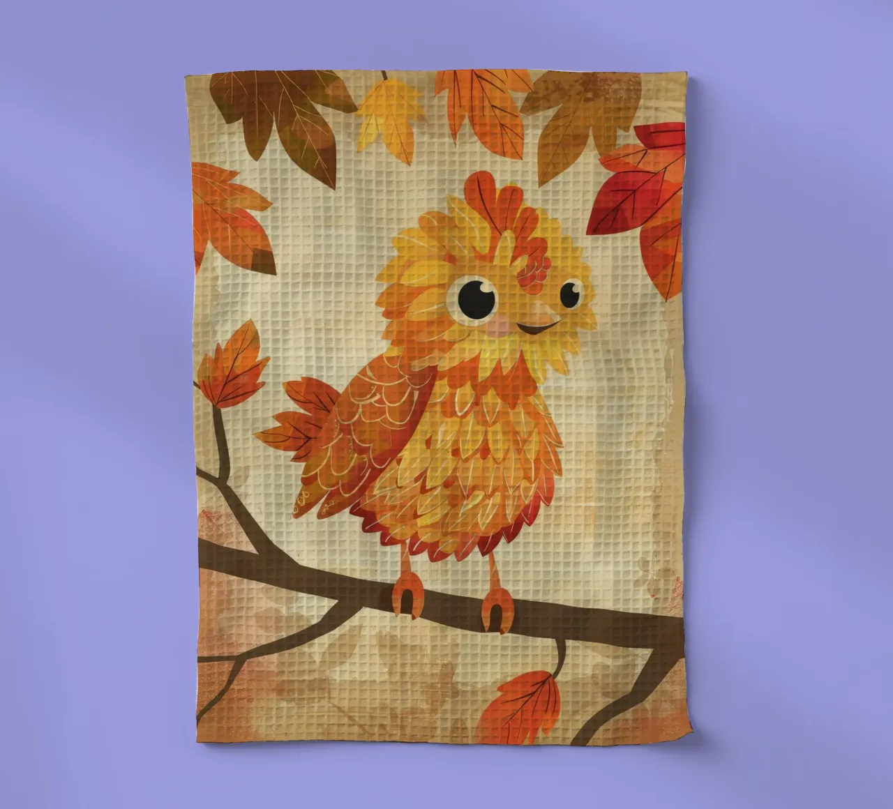 Charming bird perched on a branch with autumn leaves tea towel by DesignDoodle