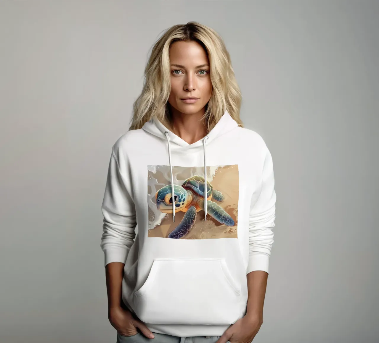 Una tortuga bebé se encuentra con las olas del mar en una playa de arena sudadera con capucha de DesignDoodle