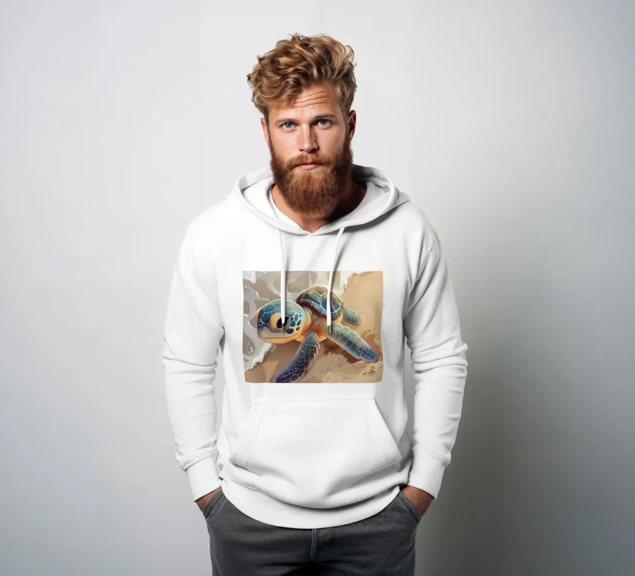 Una tortuga bebé se encuentra con las olas del mar en una playa de arena sudadera con capucha de DesignDoodle