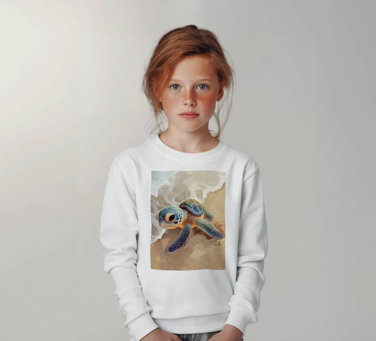 Baby turtle encounters ocean waves on a sandy beach kids sweatshirt by DesignDoodle