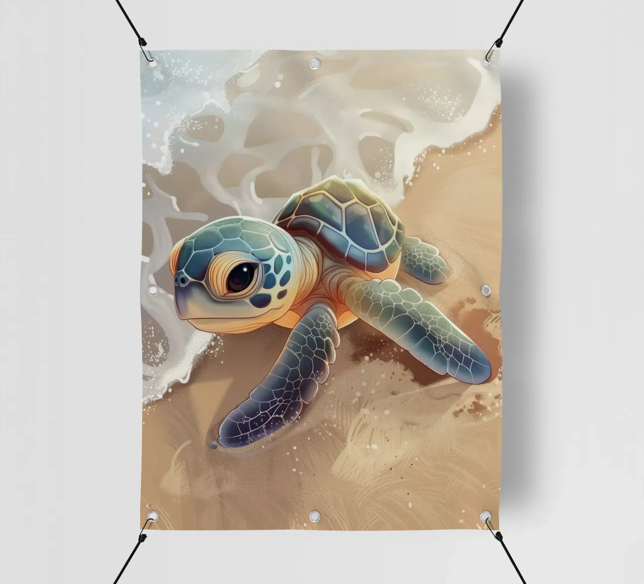 Una tortuga bebé se encuentra con las olas del mar en una playa de arena lonas publicitarias de DesignDoodle