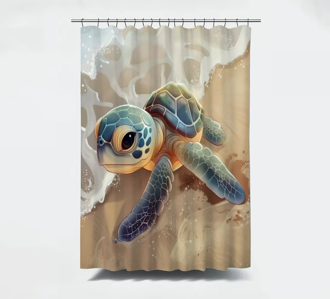 Una tortuga bebé se encuentra con las olas del mar en una playa de arena cortina de baño de DesignDoodle