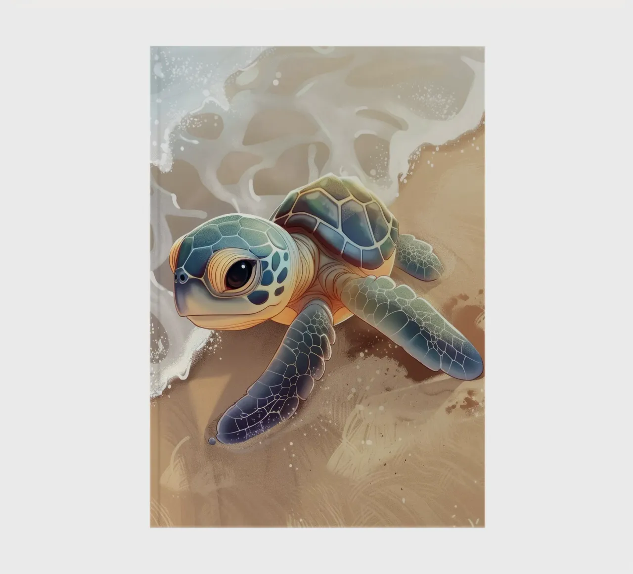 Baby turtle encounters ocean waves on a sandy beach notebook by DesignDoodle