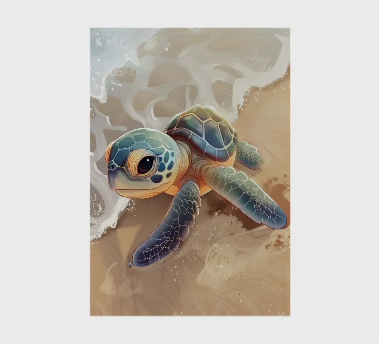 Baby turtle encounters ocean waves on a sandy beach notebook by DesignDoodle