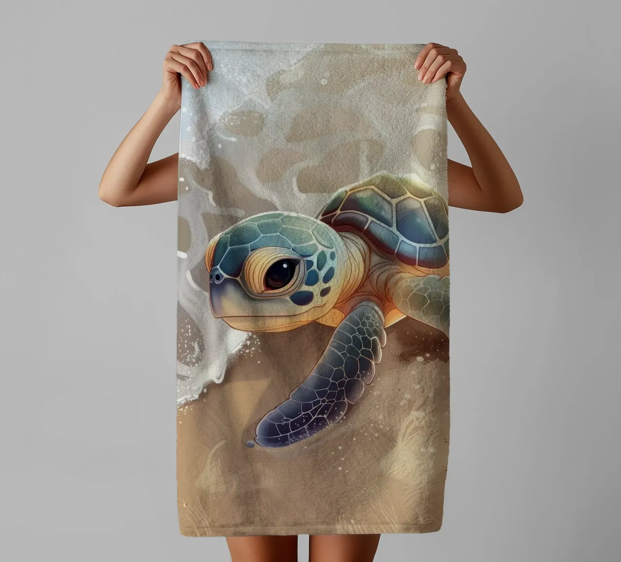Baby turtle encounters ocean waves on a sandy beach towel by DesignDoodle