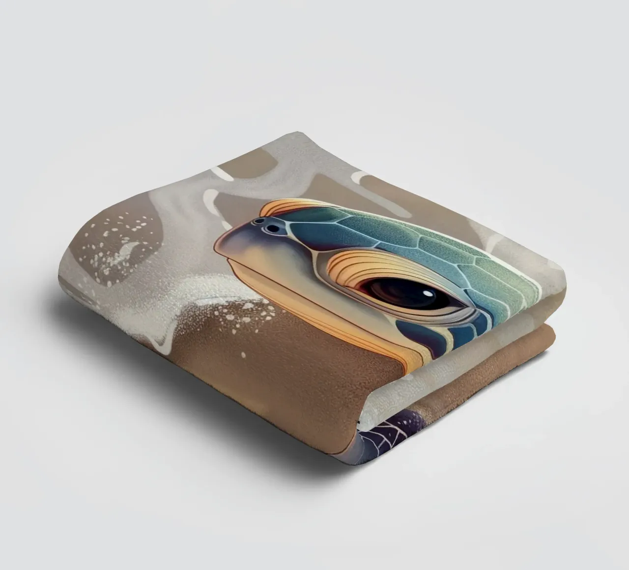 Baby turtle encounters ocean waves on a sandy beach towel by DesignDoodle