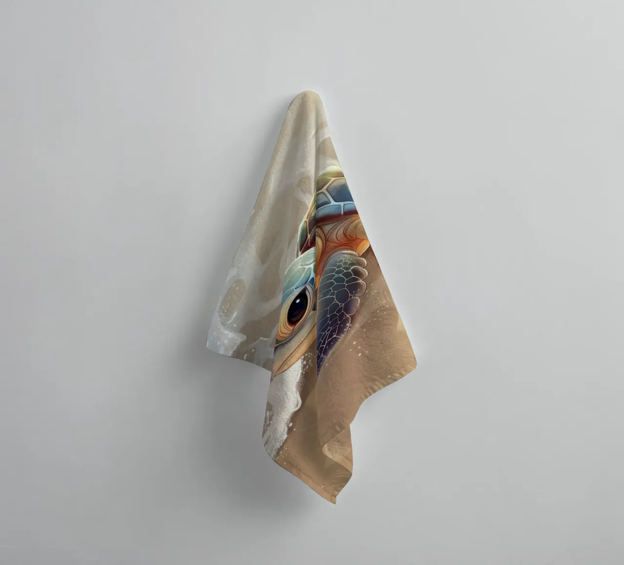Baby turtle encounters ocean waves on a sandy beach towel by DesignDoodle