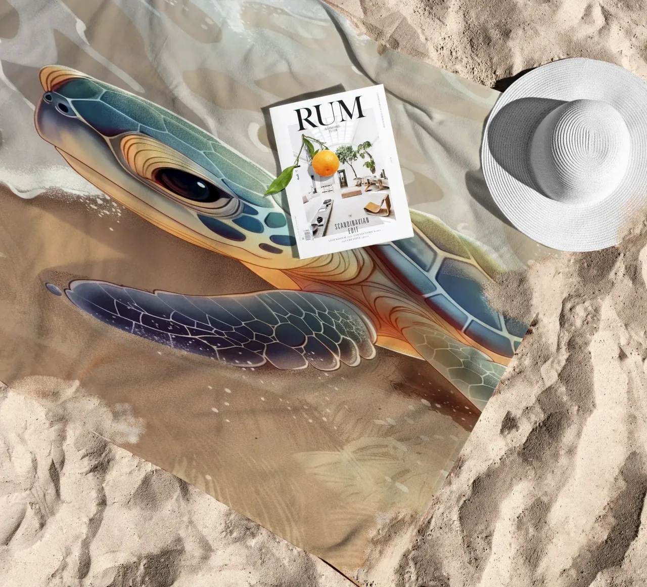 Una tortuga bebé se encuentra con las olas del mar en una playa de arena toalla de playa de DesignDoodle