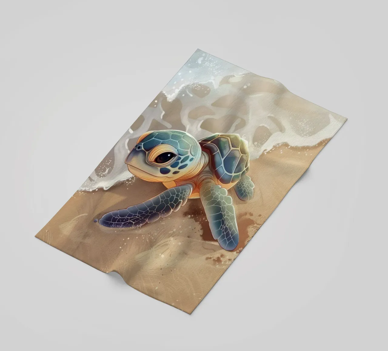 Una tortuga bebé se encuentra con las olas del mar en una playa de arena toalla de playa de DesignDoodle