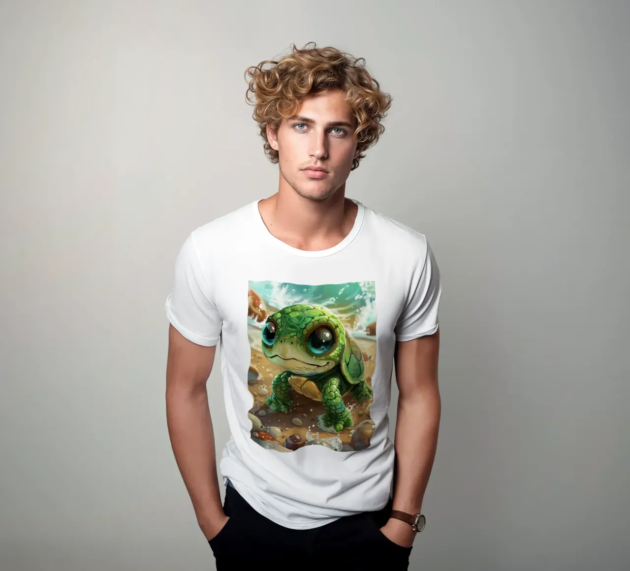 Tartaruga verde che emerge dall'acqua su una spiaggia sabbiosa t-shirt da DesignDoodle