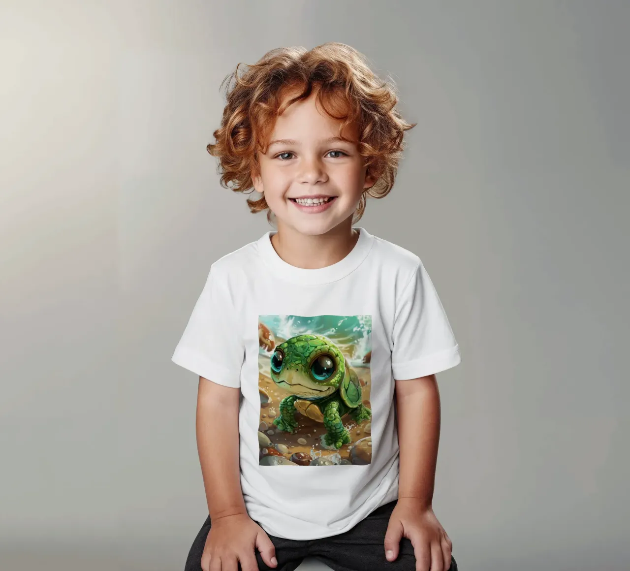 Tartaruga verde che emerge dall'acqua su una spiaggia sabbiosa t-shirt bambini da DesignDoodle