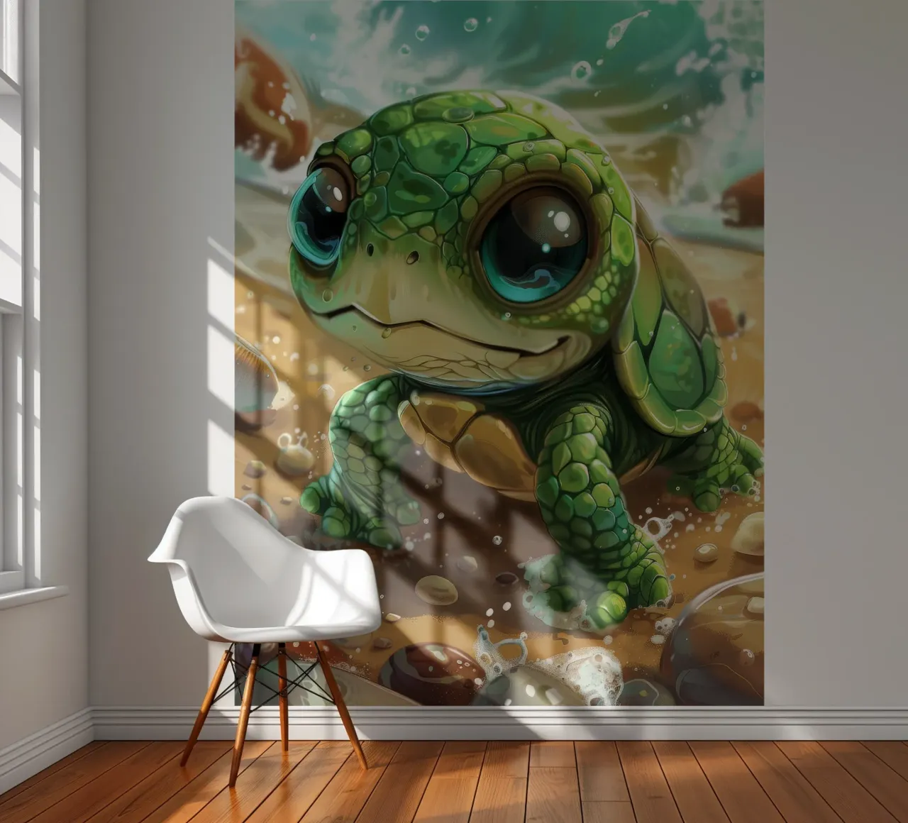 Green turtle emerging from water on a sandy beach photo wallpaper by DesignDoodle